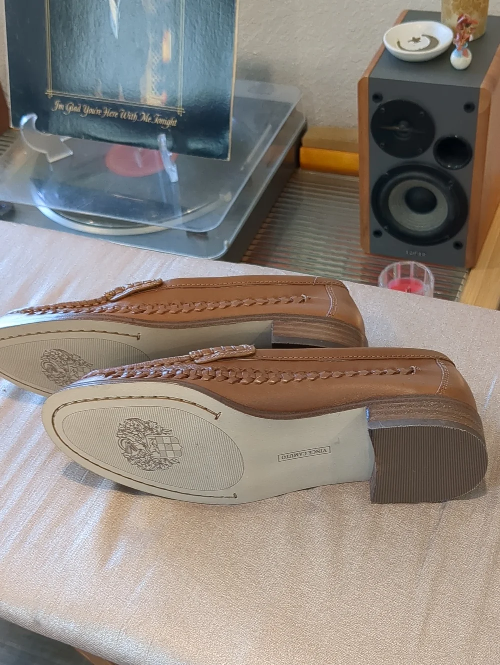 Vince Camuto Brown Woven Leather Penny Loafers Womens